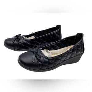 Rasolli Black Quilted Bow Accent Comfy Ballet Wedge Heeled Loafers 7.5